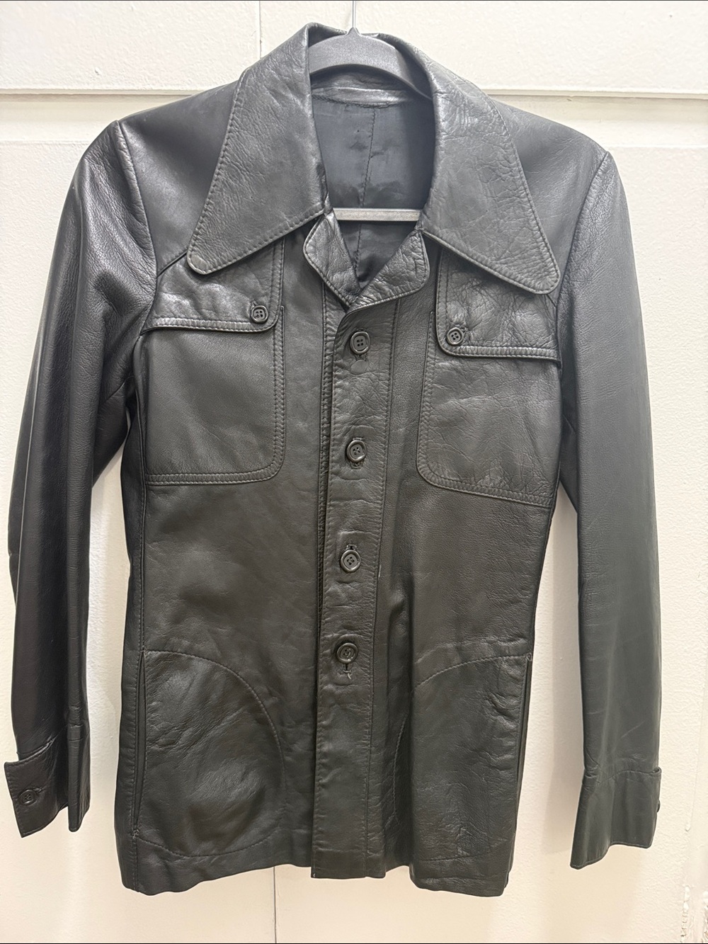 Vintage 70s Echtes Leder Black Leather Button Front shirt Jacket